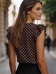 EMERY ROSE Women's Polka Dot Print Round Neck Ruffle Sleeve Casual Versatile T-Shirt, Spring/Summer New Arrival Hot Selling - Multicolor - View 2