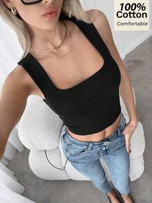 Siren Gaze Áo tank top nữ cổ vuông, kiểu dáng thường ngày, màu trơn, đa năng. - màu đen - Xem 6