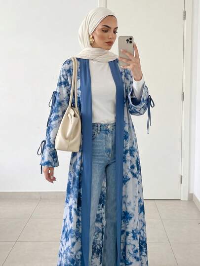 Solavon Áo khoác ngoài Abaya Ả Rập dài tay rộng rãi in họa tiết Tie-Dye dành cho nữ, áo choàng kín đáo