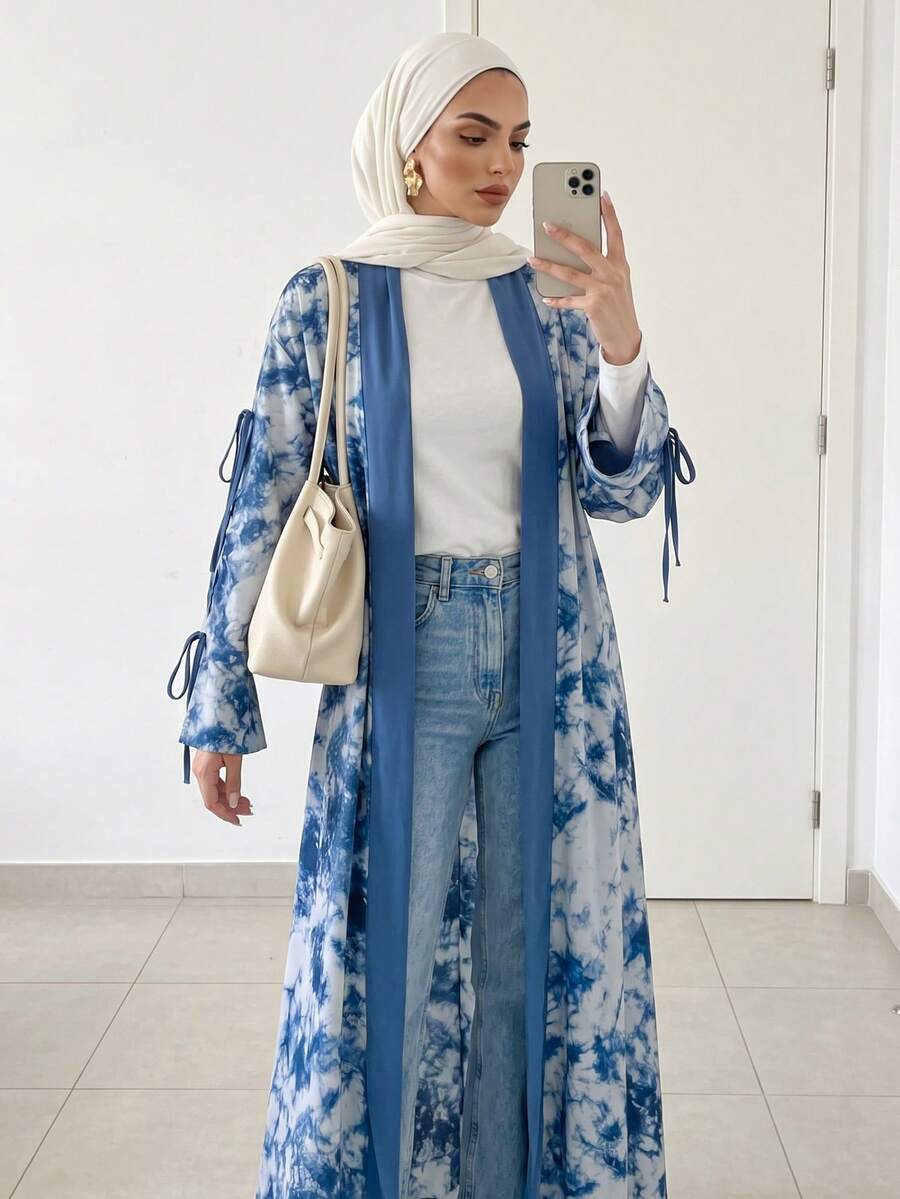 Solavon Áo khoác ngoài Abaya Ả Rập dài tay rộng rãi in họa tiết Tie-Dye dành cho nữ, áo choàng kín đáo