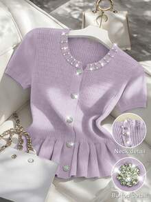 Franclia Women's Purple Elegant Daily Date Night Sommar Round Neck Fitted Short Sleeve Jeweled Pearl Button Single Breasted Ruffle Hem Knit Cardigan,Plus Size - Purple - View 1