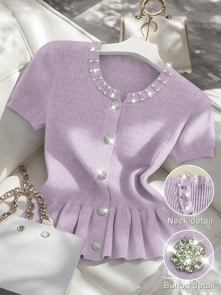 Franclia Women's Purple Elegant Daily Date Night Sommar Round Neck Fitted Short Sleeve Jeweled Pearl Button Single Breasted Ruffle Hem Knit Cardigan,Plus Size - Purple - View 1