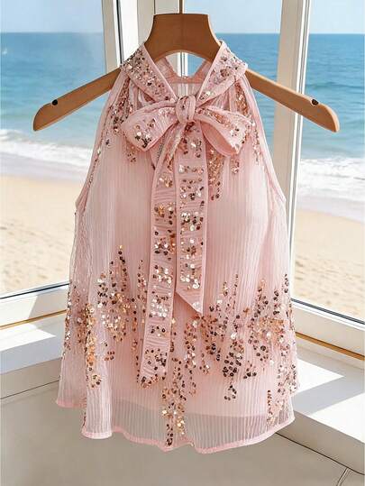 Feyla Blusa de cuello halter con diseño de lentejuelas de unicolor para mujer