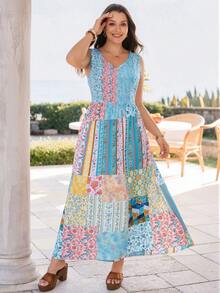 Rosumi Plus Size Women Patchwork Pattern Sleeveless Casual Dress Gym Brown Summer - Multicolor - View 3