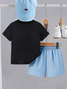 SHEIN Setelan Kaos Lengan Pendek dan Celana Pendek Motif Pohon Palem Tropis dan Huruf untuk Anak Laki-Laki, Pakaian Kasual untuk Liburan & Sehari-hari - Biru - View 2