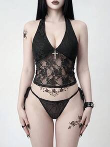 ROMWE Áo bikini hai mảnh hở lưng kiểu Gothic tối màu dành cho nữ, chất liệu ren, kiểu dáng thanh lịch, thích hợp cho kỳ nghỉ biển, mùa xuân/hè/thu. - màu đen - Xem 5