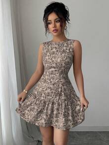 Elenzga Bohemian Style Elegant Floral Print Sleeveless Belted Mini Dress, Suitable For Graduation Season, Festivals And Summer Wear, Spring/Summer - Multicolor - View 5