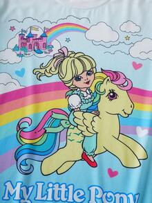 My Little Pony X SHEIN 男士休闲渐变色卡通印花短袖T恤，适合夏季度假和日常通勤 - 天藍色 - 查看 4
