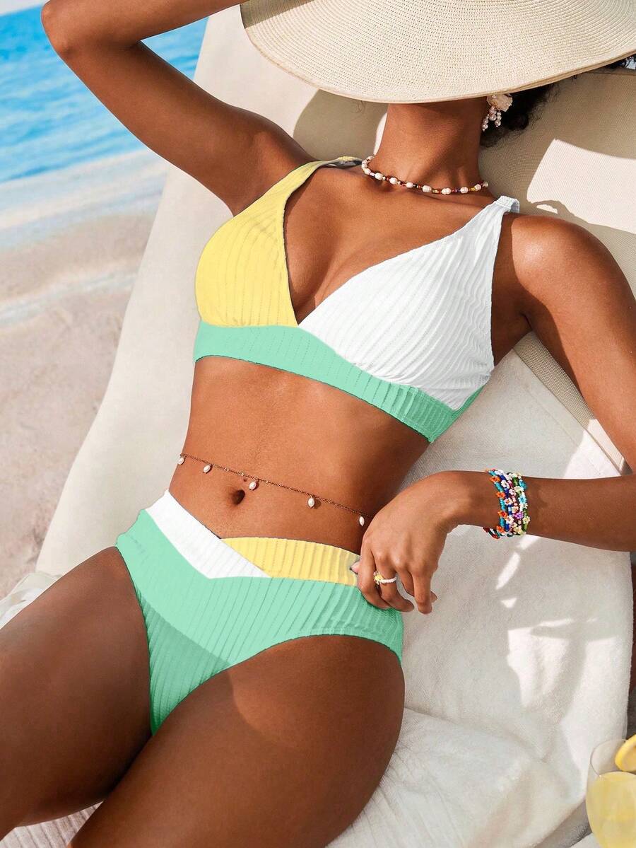 Swim Vcay Women's V-Neck Textured Striped Tankini Swimwear Set - Multicolor - View 1