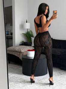 BamGleam Bộ trang phục thường ngày dành cho nữ: Áo crop top lưới và quần cạp cao. - màu đen - Xem 2