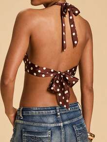 Travachic Polka Dot Print Satin Halter Neck Tie Top - Brown - View 2