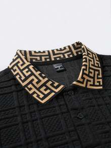 Manfinity Homme Men's Knitted Jacquard Solid Color Textured Collar & Cuff Black Ribbed Polo Shirt With 2 Black Buttons - Black - View 4