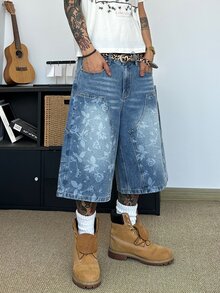 STEELVANCE Quần short denim dáng rộng, thoải mái, đa năng, in laser họa tiết râu mèo và đinh tán, phong cách đường phố cổ điển, thích hợp cho mùa hè. - Màu xanh lam - Xem 4