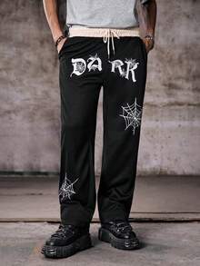 Skyrend Men Letter Graphic Drawstring Waist Slant Pocket Sweatpants Gothic Pantsemo - Black - View 1