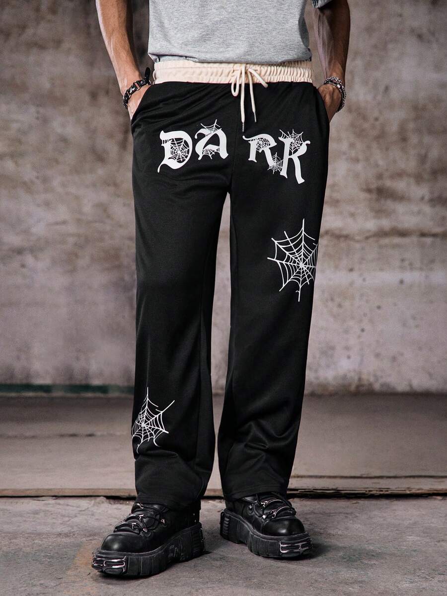 Skyrend Men Letter Graphic Drawstring Waist Slant Pocket Sweatpants Gothic Pantsemo - Black - View 1
