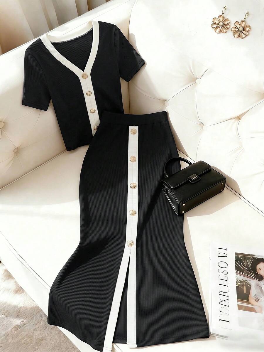 SHEIN Franclia 夏季户外通勤旅行度假时尚优雅休闲女式短袖V领上衣和修身开衩裙两件套 - 彩色 - 查看 1