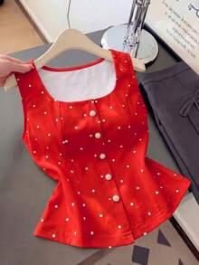 Elegante Blusa de Verano de Lunares Vintage con Decoración de Perlas para Mujer, Blusas Elegantes para Mujer, Atuendos de Trabajo para Mujer, Blusas de Verano para Mujer, Últimas Blusas Lindas para Mujer, Nuevos Llegados, Blusas Casuales Elegantes para Mujer - Rojo - Ver 4