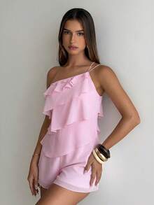 Aloruh Bộ áo liền quần xếp tầng bằng chiffon màu hồng lãng mạn cho buổi hẹn hò. - Hồng - Xem 3