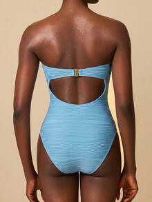 SHEIN Swim Chicsea 女士特殊面料纹理面料度假精致优雅不对称金属配饰波浪条纹连体衣 - 藍色 - 查看 2