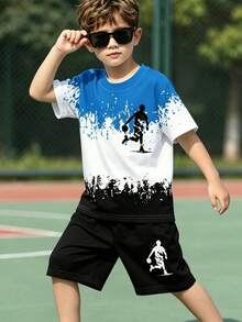 1套男童夏季籃球運動套裝，藍白黑拼色印花短袖 + 黑色運動短褲，舒適兒童2件套，活力籃球風格男童套裝！潑墨漸層印花，適合體育課 / 球類訓練 / 日常街頭穿搭 - 彩色 - 查看 6