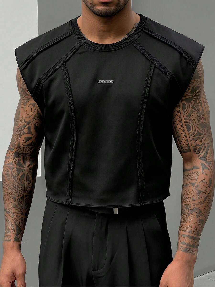 AXEPEAK Men's Loose Comfortable Casual Vacation Patchwork Stylish Versatile Tank Top - Black - View 1