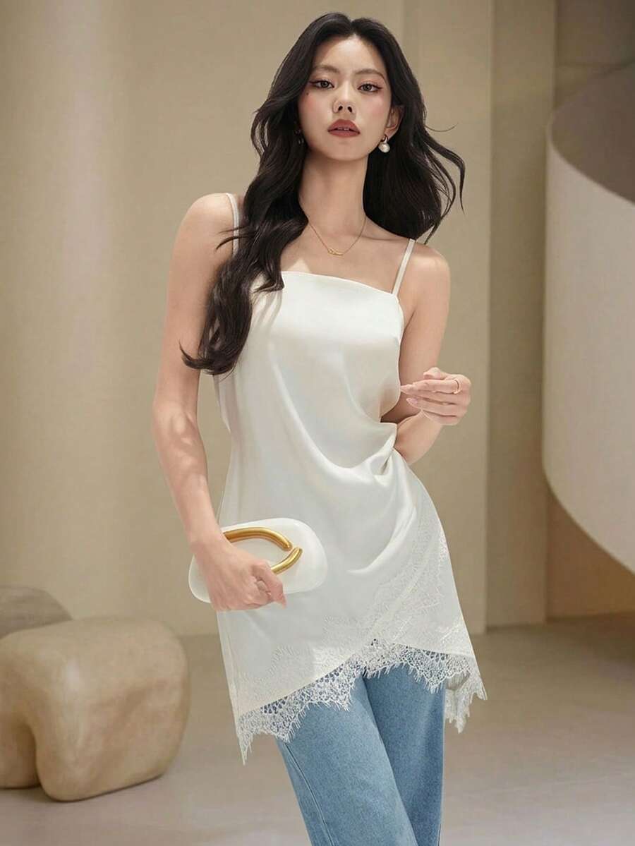 Heiryn 女士优雅纯色蕾丝拼接吊带背心，夏季必备
