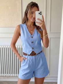 Easowa Áo vest nữ công sở màu trơn, cài một hàng khuy, kiểu dáng thường ngày. - Màu xanh lam - Xem 2