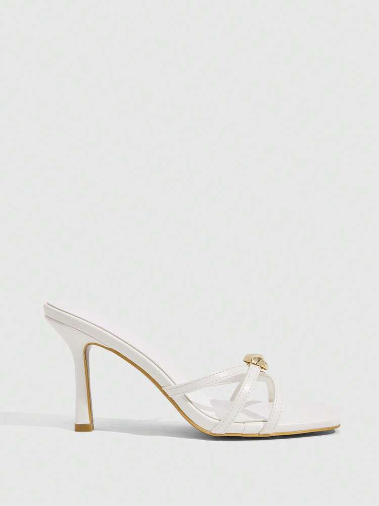 CUCCOO SZL Women Shoes White PU Thin Strip Cross Strap Fashionable Sexy Slip-On Square Toe High Heel Sandals
