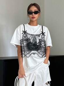 DAZY Women's Summer Loose Casual Slogan Lace Trim Drop-Shoulder T-Shirt, Graphic Tee Festival - White - View 9