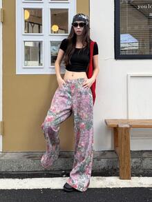DAZY Quần jeans nữ kiểu dáng thường ngày, in họa tiết toàn thân, chất liệu denim mài, phong cách đường phố. - Hồng - Xem 6
