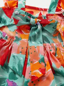 Young Girl Casual Tropical Cute Flutter Sleeve Bow Back A-Line Dress, Tropical Print - Orange - View 3
