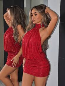 SHEIN ICON Abito mini aderente con collo alto, schiena scoperta, arricciature e paillettes - Rosso - Visualizzare 1
