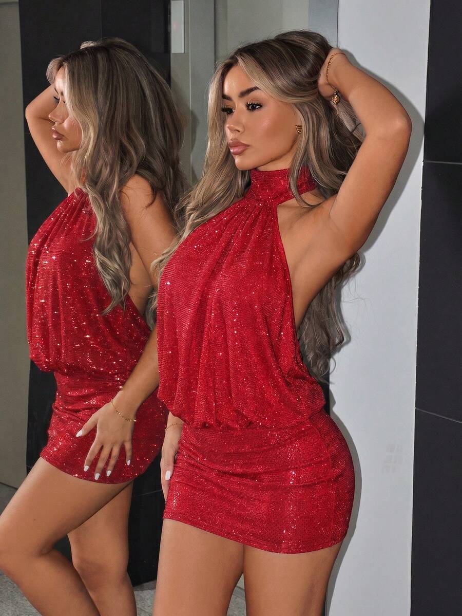 SHEIN ICON Abito mini aderente con collo alto, schiena scoperta, arricciature e paillettes - Rosso - Visualizzare 1
