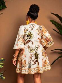 Maweii Vestido plus size de verão com estampa floral, decote em V profundo, cintura marcada e mangas bufantes. - Multicolorido - Ver 6