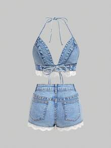 Sweetra Shorts de mezclilla elegantes para mujer con ribete de encaje - Azul - Ver 2