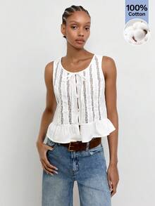 Maija Débardeur décontracté pour femmes, blanc, d'été, élégant, avec dentelle contrastée, nœud devant, ourlet à volants, pour tea party, vacances à la plage, style campagnard - Blanc - Voir 1