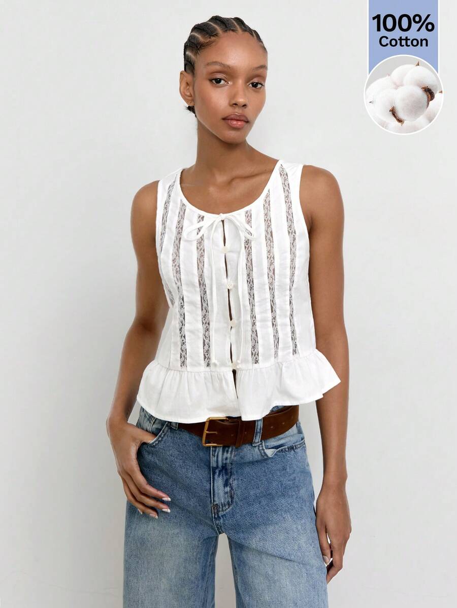 Maija Débardeur décontracté pour femmes, blanc, d'été, élégant, avec dentelle contrastée, nœud devant, ourlet à volants, pour tea party, vacances à la plage, style campagnard - Blanc - Voir 1