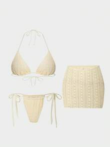 ROMWE Kawaii Women's White Summer Casual Sexy Beach Golf Vacation SweetCute Lace Mesh Halter Triangle Top,Tie-Up Bikini BottomsMatching Skirt Cover-Up,3-Piece Set - Beige - View 1