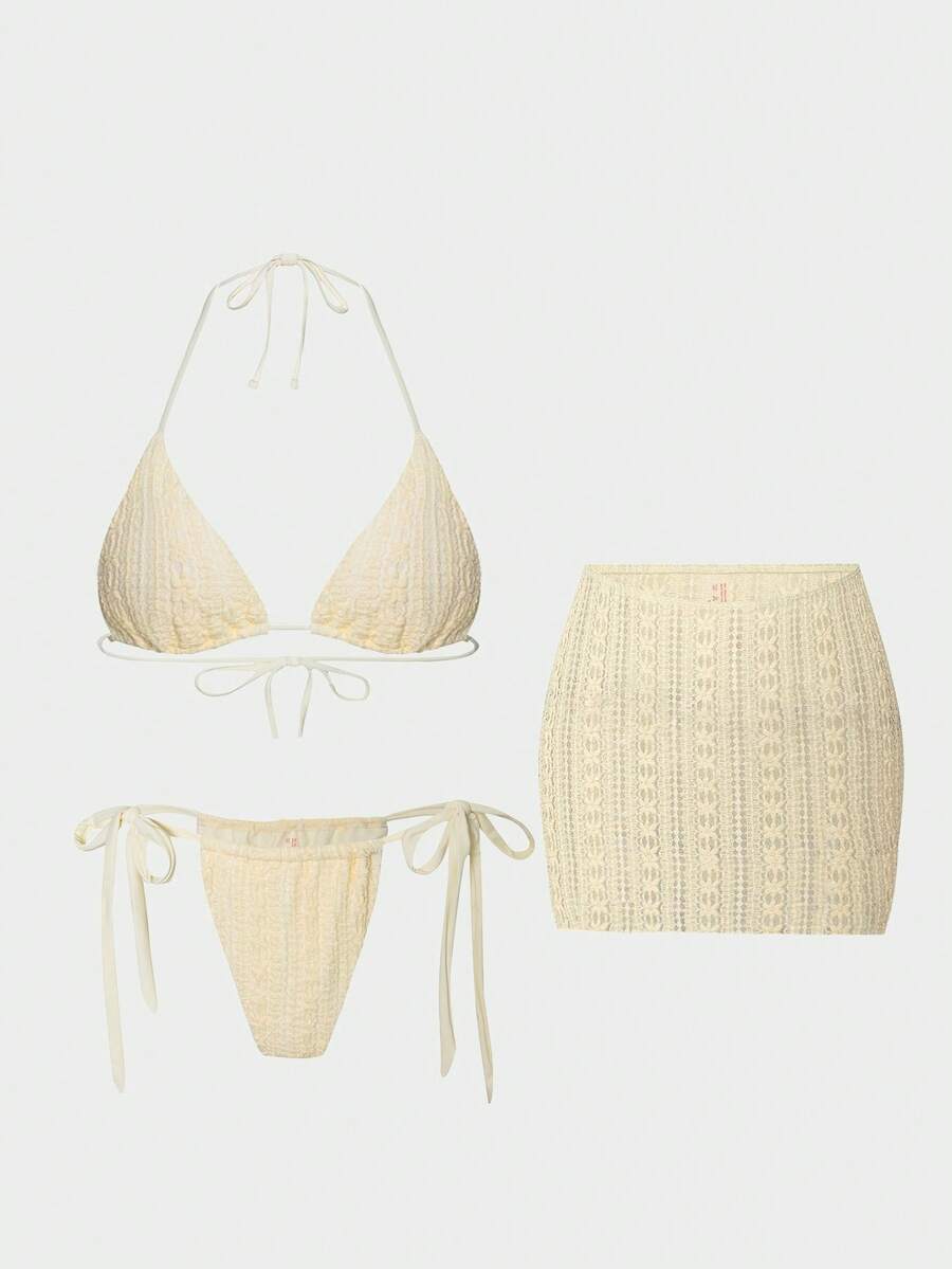 ROMWE Kawaii Women's White Summer Casual Sexy Beach Golf Vacation SweetCute Lace Mesh Halter Triangle Top,Tie-Up Bikini BottomsMatching Skirt Cover-Up,3-Piece Set - Beige - View 1