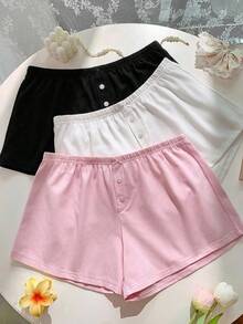 SHEIN EZwear 女士针织休闲短裤三件套，黑色、白色、粉色，夏季棉质短裤，男女通用短裤，三件套女士短裤，夏季女士平角内裤，女士休闲短裤套装，女士短裤，夏季舒适短裤 - 黑與白 - 查看 4