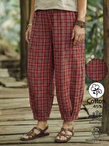 EMERY ROSE Women's Summer Fabric Pants, Elastic Waist Easy On/Off, Red Plaid Slant Pocket Pleated Hem Tapered Cropped Pants, Linen Feel Capri Pants - Red - View 4