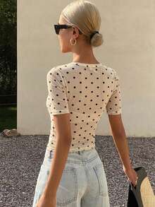 DAZY Women's Summer Square Neck Fitted Ribbed Casual Short Sleeve T-Shirt Graphic Tee - Apricot - View 3