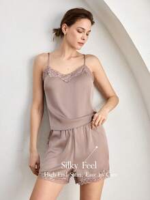 Ocili 2pcs Comfortable Minimalist Satin Lace V-Neck Camisole And Pants Pajama Set For Women - Khaki - View 1