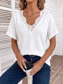 EMERY ROSE Women's Spring/Summer New Arrival Lace Trim V-Neck Casual Versatile Short Sleeve T-Shirt - White - View 5
