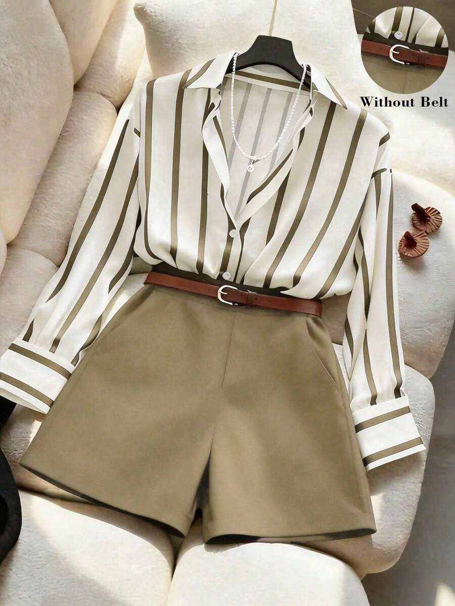 Franclia Women's Loose Draping Striped Shirt & High Waist Navy Shorts Set, Minimalist Stylish Outfit For Spring/Summer - Khaki - View 1