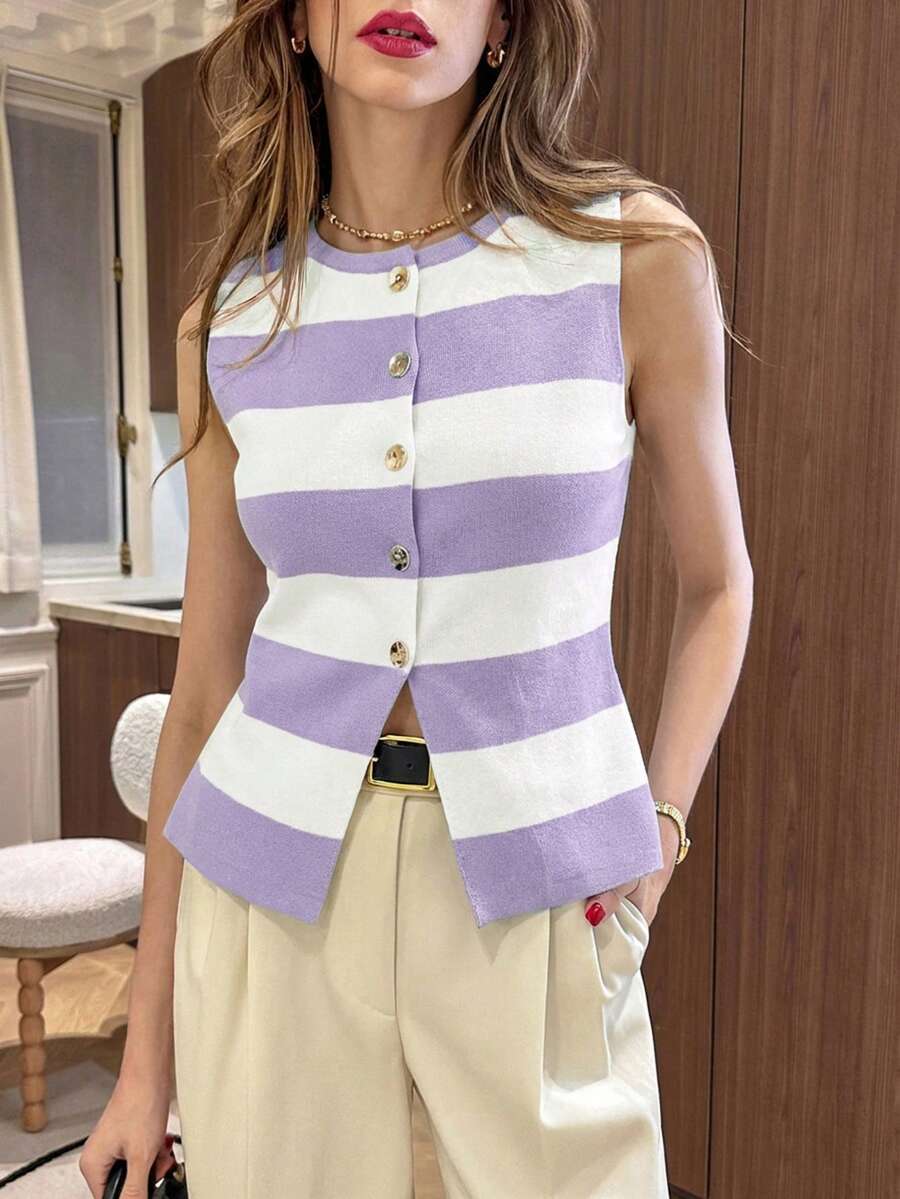 Pariaura Blue White Striped,Summer,Elegant,Tea Party French Style Asymmetrical Metal Buckle Hem Slit Front Rib Knit Fitted Top,Round Neck Striped Knit Top - Violet Purple - View 1