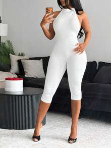 BamGleam Bộ jumpsuit nữ dài tay 7/8, cổ yếm, hở lưng, xếp ly, cạp cao, ôm sát, co giãn, thích hợp cho phòng tập gym, thể dục và khiêu vũ, ragtime. - trắng - Xem 3