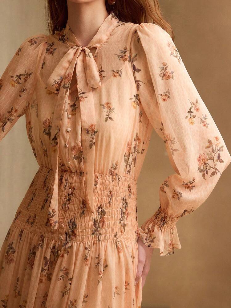 ELEGANT ROSE FLORAL PRINT TIE NECK FLARE SLEEVE LONG DRESS & SLIP DRESS, 2 PIECES SET FOR WOMEN