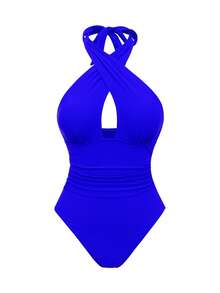 Swim Oasis New Arrival Solid Color Hollow Cross Halter One-Piece Swimsuit With Printed Cover-Up Skirt Beach Set For Women - Royal Blue - View 4