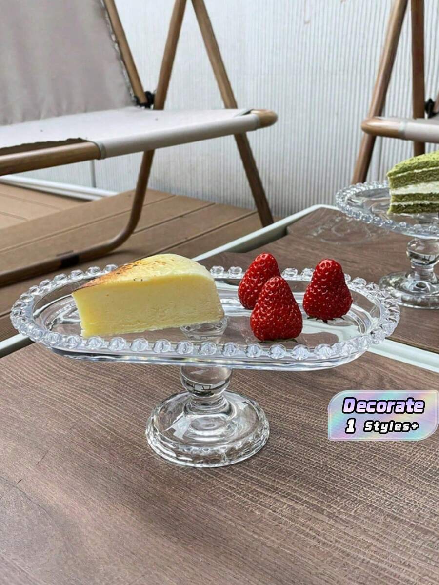 1 Piece, Minimalist Retro-Style Transparent Glass Bead High-Footed Tray, Dessert Plate, Pastry And Fruit Platter, High-Footed Display Tray Decor. - Clear - View 1